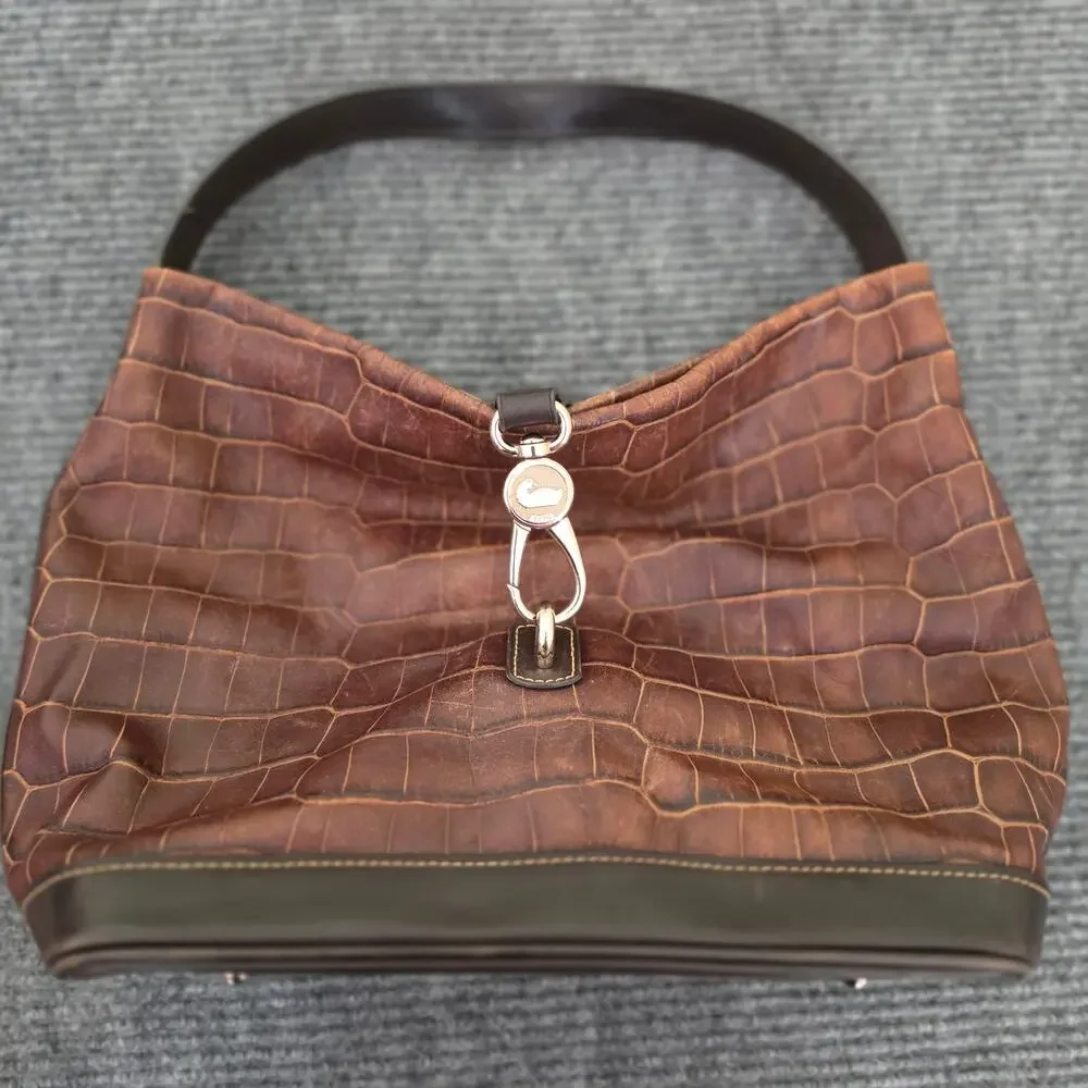 Vintage Dooney & Bourke Bayou Gathered Flap Bag Brown Alligator Embossed Leather